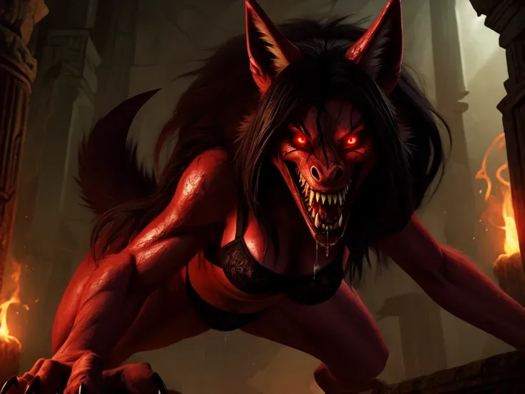 female anthro demon wolf, wolf ears, wolf mouth, red skin, red fur, tiny breasts, long black hair, sharp teeth, black bra, black panties, red eyes, pouncing, furry, in a dark temple, profusely drooling, looking at camera, claws, sweaty, wet skin