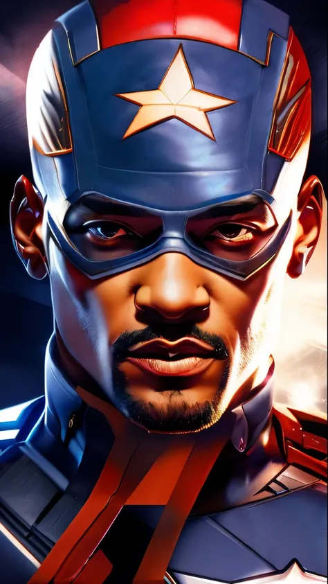 . Tarantino Style Will Smith as Captain America 8k, High definition, rosto detalhado, rosto detalhado, olhos detalhados, terno detalhado, no estilo da Marvel e DC, hiper-realista, + cinematic shot + dynamic composition, incrivelmente detalhado, Afiado, det...