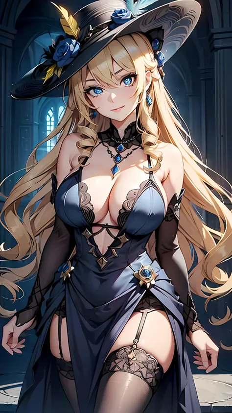 (masterpiece), best quality, expressive eyes, perfect face,((1girl)),(((mature woman))),(black and blue v deep dress:1.3)),(huge breasts:1.3),yellow hat flower,hat feather,blonde hair,crystal amulet,outdoors,garter belt,high heels,long hair,wavy hair,cleav...