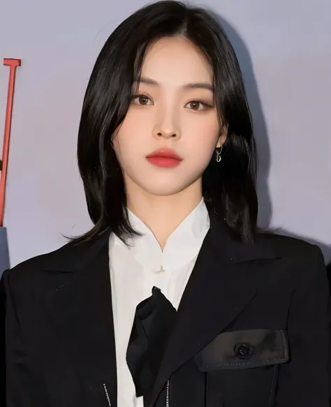 un primer plano de una mujer con traje y corbata posando para una foto, sun yunjoo, portrait of jossi de blackpink, lee ji eun, ...