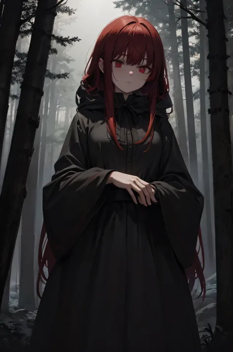 (best quality,4k,8k,highres,masterpiece:1.2),ultra-detailed,extremely detailed eyes,long red hair,hooded girl's shadow in a dark...