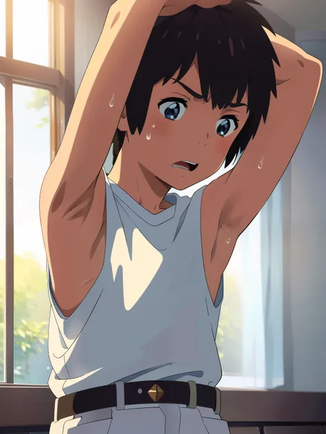 highres,Masterpiece， Best quality at best,Best Quality,hight quality, hight detailed, realistic, , Anime style, 1boy, Little Boy, Shota, indoor, Cheerful boy, Sleeveless shirt,Taki tachibana, Brown hair, Blue eye, Slim body Short body, Body, (Armpit), Belt...