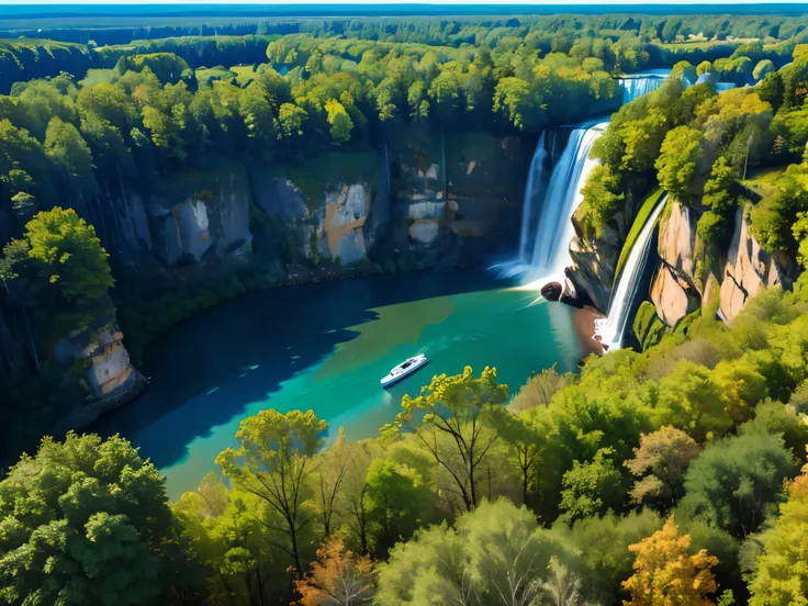 (sexy,beautiful,attractive,blonde) girl,(white,lace,short) dress,(aerial,top-down,overhead) (view,shot),(full body), view from (afar,distance),(green) forest clearing, (picturesque,gorgeous) lake, (large,towering) waterfall