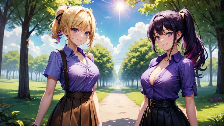 2girls, summer, village, trees, sun, clouds, ((colorful hair)), ponytail, large breasts, button down, blue eyes, ((purple shirt)), ((unbuttoned shirt)), unbuttoning buttons, popping buttons, ((short sleeved shirt)), black mini skirt, brown shoes, grin, loo...