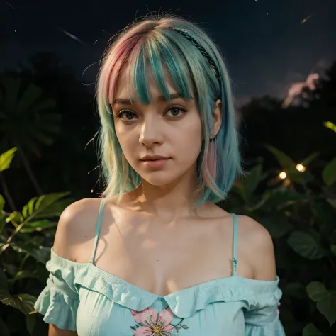 Uma garota fada com asas brilhantes e brancas, com pele rosa claro e sardas, quatro olhos azuis com verde, sky blue hair with pink highlights and chopped bangs , e um vestido longo floral branco. And she&#39;ll be looking at the fireflies on a dark night 