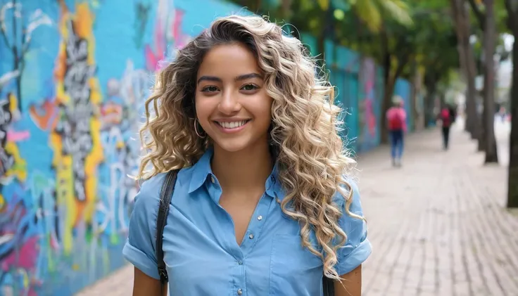 Describe a vibrant and dynamic scene of a 26-year-old Brazilian student walking across a university campus. She is wearing a light blue blouse, representando seu curso de arquiterura, and your face is lit by a contagious smile. Her hair is curly blonde, ha...