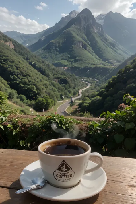 cup of coffee with coffee leaves around, mountains where coffee is produced behind, e uma lupa em algum lugar que fique legal. sem preenchimento, somente linhas. It will be the logo of a company