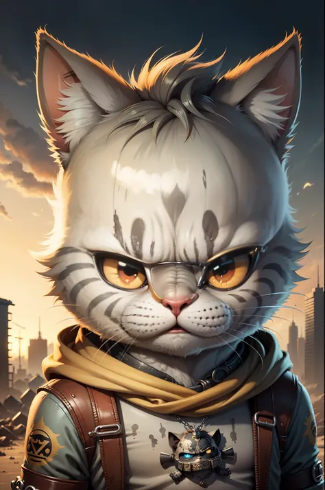 Cartoon Cat is "Immortan Joe" in the post-apocalypse of Mad Max, masterpiece, UHD, 16k