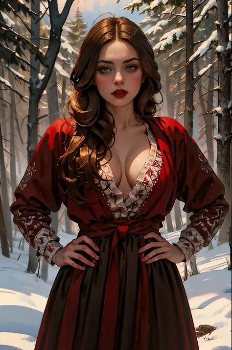 ((masterpiece)),((Best quality)),((High detail)), 1 girl, Cowboy shot of a beautiful brown-haired woman, 18 years, sexy face with full makeup, Red lipstick, hands on hips, Dress, armor, Rogue, Slavic pagan, , winter, the forest, morning, Clouds,