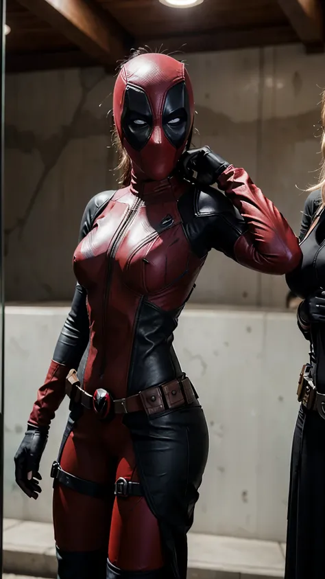 Uma garota ultra realista, com traje Deadpool feminina, com duas espadas nas costas, corena.