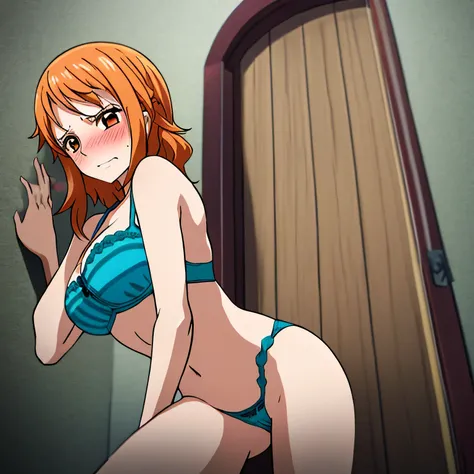 1 girl, with a narrow waist and sexy hips, medium height, adorned with round orange-brown eyes that sparkled, long orange hair cascading down her back, wearing only blue bra and underwear, Nami is sitting on her bed in her room with a door closed, she is l...