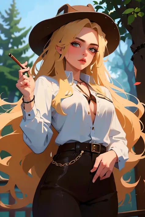 a woman with small breasts, long wavy blonde hair, brown eyes, amazing lips, and amazing eyes, wearing a cowgirl outfit in the w...