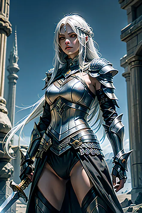 short girl，chainmail armor, sword on side, breathing, long white hair, yellow eyes, anatomically correct，epic fantasy digital art，masterpiece，8k，high-definition resolution, High quality Epic composition,
