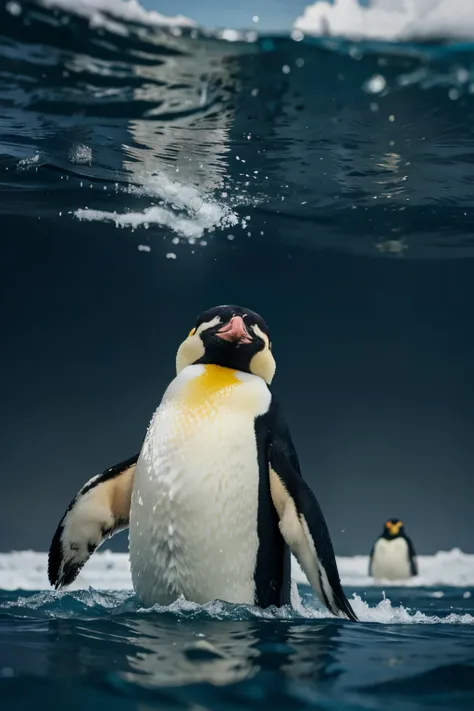 Emperor penguin swimming in the rough sea