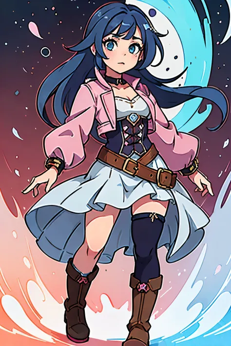 anime girl with medium blue hair and pink irises wearing steampunk clothes, com botas pretas