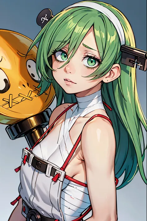 1girl,bags under eyes,bandaged chest,bandaged neck,bandages,bare shoulders,green eyes,green hair,hairband,key,key in head,long h...