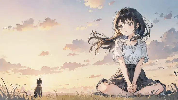 cute girl、A kitten next to me、field、sit、A cat toy in front、The sky is clear、The wind is blowing