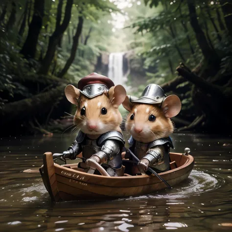 Hamster together with his mouse friend on an adventure in a small wooden boat on a torrent with stones in the water, fallen trees, flowing through a mystical forest. The hamster wears light leather armor and a hat, the mouse wears shiny silver armor, maxim...