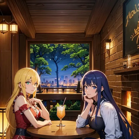 anime characters sitting at a bar with drinks and a woman, tavern background, 2. 5 d cgi anime fantasy artwork, anime in fantasy style, fantasy tavern background, a multidimensional cozy tavern, at a bar, drinking at the bar, anime fantasy illustration, an...