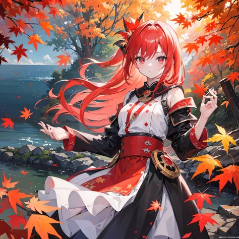 ((Masterpiece, Best Quality)), Ultra Detailed, Official Art, Unity 8k Wallpaper, Official Costume, Young women, Solo, Perfect Face, Shiny Skin, Sparkling Pupils, Hair Pick Dyed Red, Daytime, Background is Fire Red Maple Forest, Maple Leaf, Riverside, Woode...