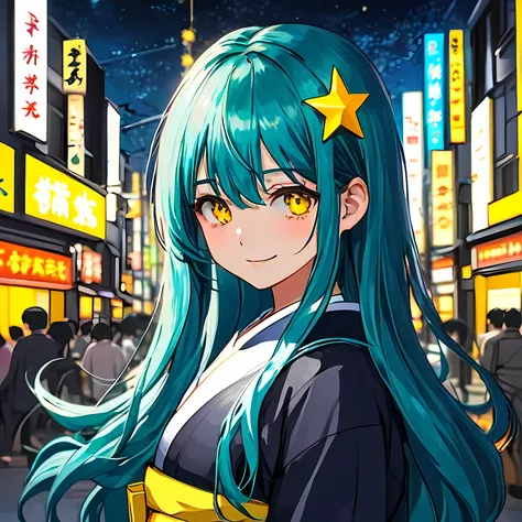 Girl with long dark turquoise hair, yellow eyes, happy star yellow pin in hair, ((background : tokyo at night))