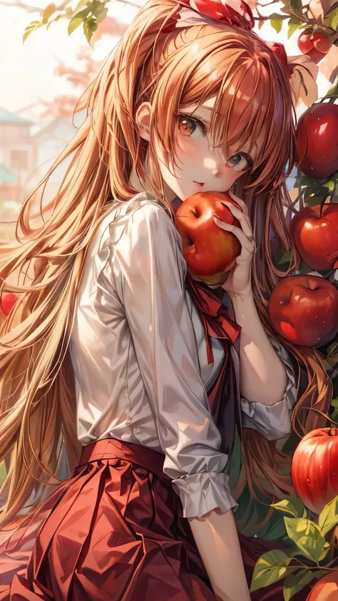 Anime girl sitting on a tree with apples in the background, asuka langley soryu, portrait of asuka langley soryu, asuka langley sohryu, asuka langley, asuka langley souryuu, Beautiful anime girl, beautiful anime portrait, Gouvez, anime image of a cute girl...