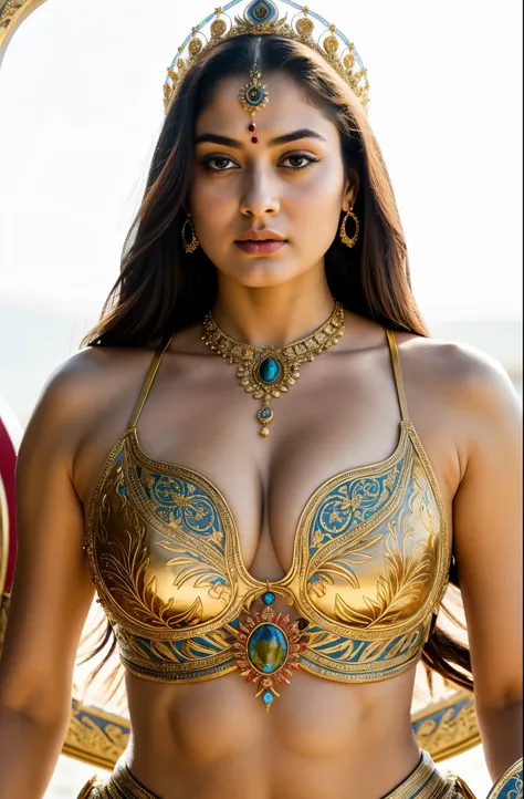 Looks like Sandeepa Dhar, "Design an illustration of a stunning and powerful warrior queen with a regal presence. She should possess a combination of strength and grace. Imagine her in ornate, yet practical armor that complements her figure. The armor shou...