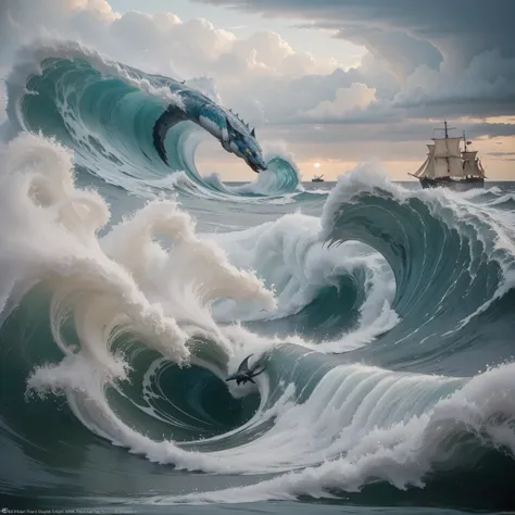 (a)sea dragon emerging from the ocean,17th century sailing ship,storm,black clouds,lightnings (b)big waves,realistic 4k,ultra-de...