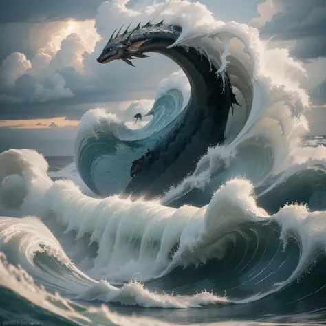 (a)sea dragon emerging from the ocean,17th century sailing ship,storm,black clouds,lightnings (b)big waves,realistic 4k,ultra-de...