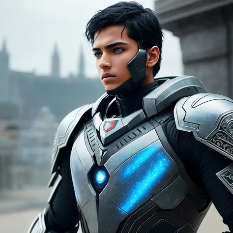 A boy with slightly tanned skin, black hair cascading down to his shoulders, and piercing blue eyes is skillfully depicted while clad in technological armor. (Advanced armor:1.2), (Realistic skin texture:1.3), (Hi-tech armor:1.1), (Intricate details:1.4), ...