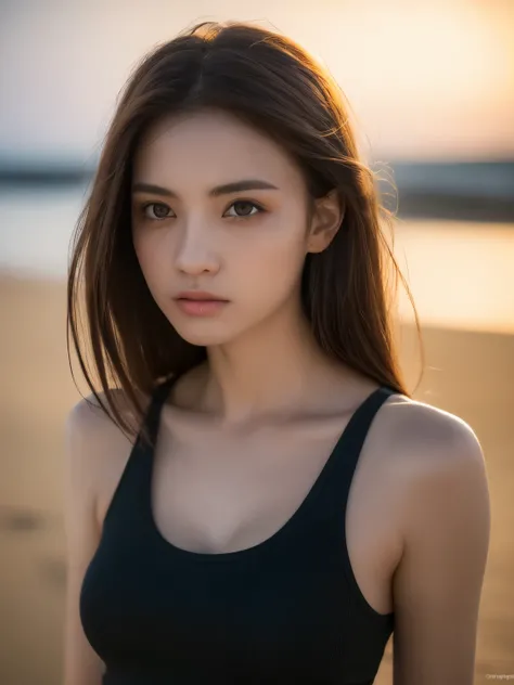 ((realistic lighting, highest quality, 8K, masterpiece: 1.3)), clear focus: 1.2, 1 girl, perfect figure: 1.4, slim abs: 1.1, ((dark brown hair)), black tank top, (outdoor, night: 1.1), blurry beach background, super fine face, fine eyes, double eyelid,