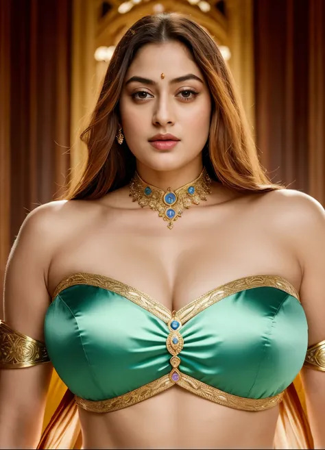 Looks like Sandeepa Dhar, "Design an illustration of a stunning and powerful warrior queen with a regal presence. She should possess a combination of strength and grace. Imagine her in ornate, yet practical armor that complements her figure. The armor shou...