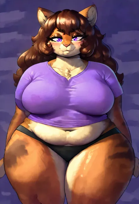 A fat kemono style cat furry girl with wavy brown hair and purple eyes, wide hips and a big bust with a purple t-shirt and black underwear with a tender face, sonrojada y probocadora