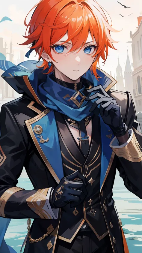 masterpiece, highest quality, Tartaglia (genshin impact), gloves, mask, male focus, 1 boy, blue eyes, black gloves, alone, orange hair, bangs, water, Jacket, hair between eyes, jewelry, scarf,