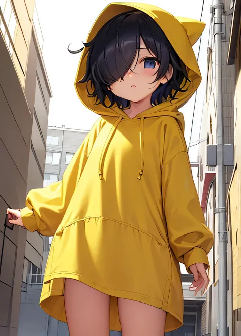 , (((hair over eyes))), Litte, girl,  kid, ((One eye)), simple hood, ((yellow hood)), bottomless, nothing underneath, (naked hood), (Hair in eyes), Black hair, Slim, ((Short hair)), Seeing from below, gojo eye, Rain, Sidewalk, 5 fingers,