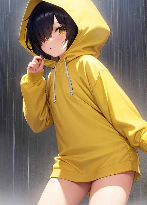 Yellow hood, yellow rain hood, (((hair over eyes))), Litte, girl,  kid, ((One eye)), simple hood, ((yellow hood)), bottomless, nothing underneath, (naked hood), (Hair in eyes), Black hair, Slim, ((Short hair)), Seeing from below, gojo eye, Rain, Sidewalk, ...