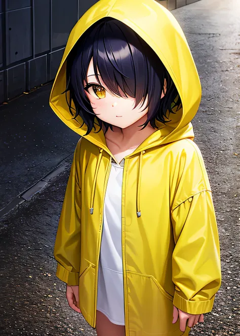 Yellow hood, yellow rain hood, (((hair over eyes))), Litte, girl,  kid, ((One eye)), simple hood, ((yellow hood)), bottomless, nothing underneath, (naked hood), (Hair in eyes), Black hair, Slim, ((Short hair)), Seeing from below, gojo eye, Rain, Sidewalk, ...