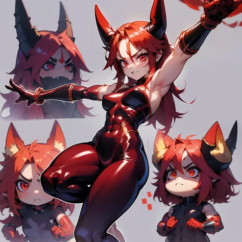 Anime demonio girl with fiery red eyes and sharp fangs, Legs crossed, seductive demonio girl, small yet muscular frame, Cute demonio girl, Rope bundle for  bondage, binding, with horns protruding from her forehead, Loose slicked-back hair, Red rubber, Join...