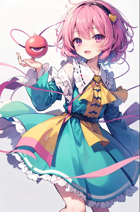 satori komeiji,touhou project,heart, short_hair, hairband, pink_hair, third_eye, pink_eyes, blush, hair_ornament, heart_hair_orn...