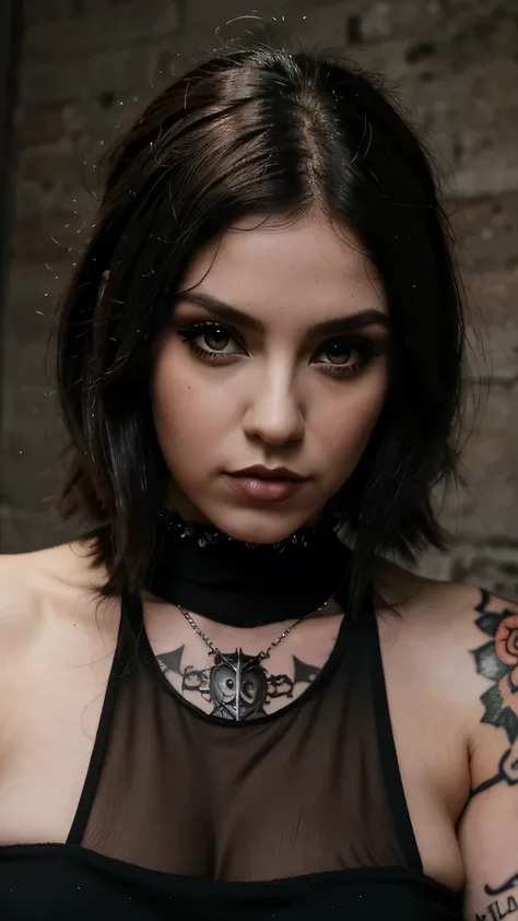 Hermosa mujer rockera, gothic style, usando mini falda y blusa escotada, bello rostro, de cuerpo gordita, foto cuerpo entero, maquillaje oscuro, con tatuajes, pelo color rojo y piel muy blanca.
