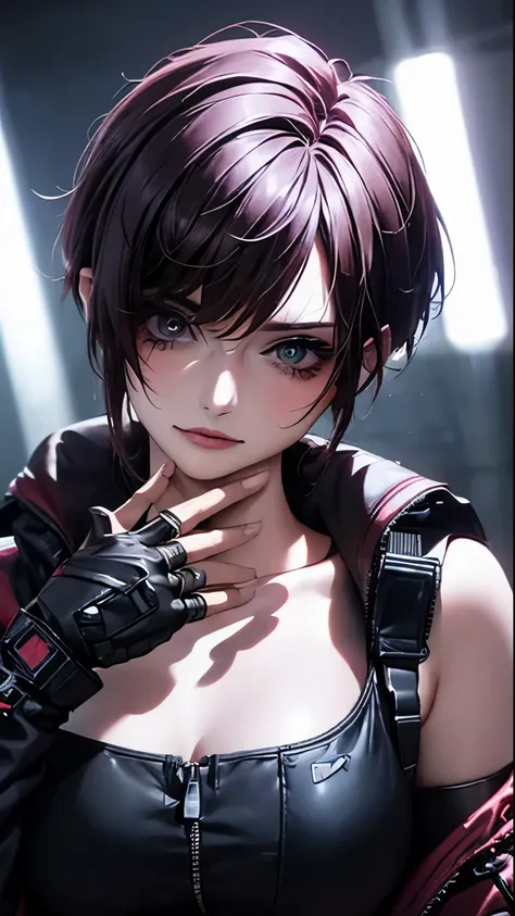 ((highest quality)), ((masterpiece)), (high detail:1.3), 3D, beautiful feces (cyberpunk:1.3) colored hair、Hacker woman in black clothes looking at camera、focused on breastedium breasts、bright lighting