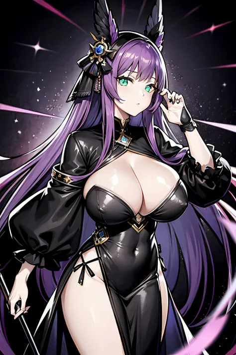 tall girl, long purple hair, hair tie, virus green eyes, black spot, gigantic breats, black and purple dress, germanic style, normal, full view, high quaility, masterpiece, virus thema