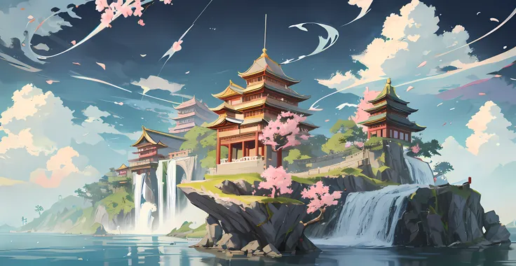 Anime- ((An island with ancient Chinese Tang dynasty architecture and waterfalls)),There are cherry blossom trees on the island，(((Lumpy clouds drift around)))， Onmyoji detailed art, cyberpunk chinese ancient castle, ross tran. scenery background, trending...