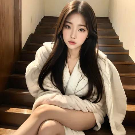 araffe asian woman in a white robe sitting on a step, beautiful south korean woman, korean girl, beautiful young korean woman, korean woman, gorgeous young korean woman, young adorable korean face, wan adorable korean face, popular south korean makeup, jae...