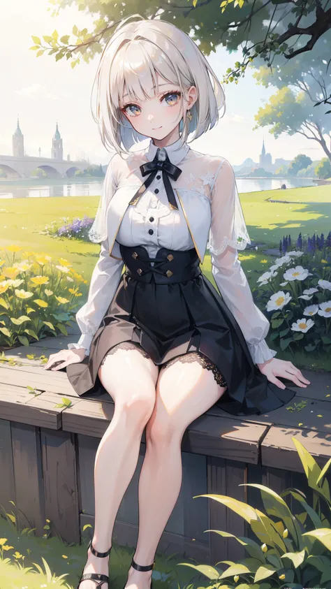 32k, best quality, ultra high res, HDR, UHD, extremely detailed CG, unity 32k wallpaper, sunny day, Elegant photo of a girl in a blazer dress, (puffy eyes:1.05), (white lace shirt), platinum brown hair, (angled bob:1.4), flat bangs, (flowing hair), smile a...