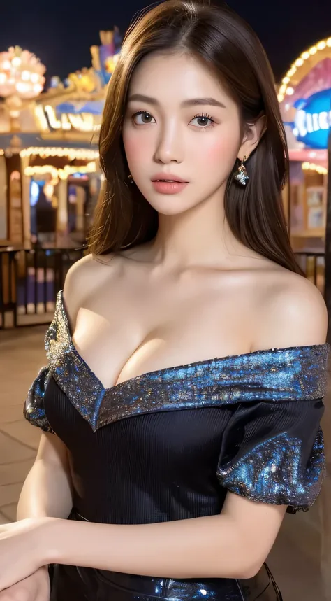 ((night view, realistic light, highest quality, 8K, masterpiece: 1.3)), 1 girl, beauty of slim body: 1.4, brown hair, (big: 1.3), off shoulder cut top: 1.3, super detailed face, fine eyes, double eyelid, Disneyland, merry-go-round, cleavage