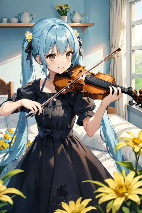 light blue long hair、girl with twin tails、black eyes、cute yellow long dress、A bright room decorated with flowers that let in the light、playing violin、smile