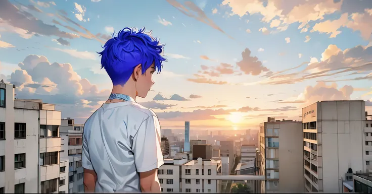 shirtless young man with blue hair on his back looking at a city he is 16 years old