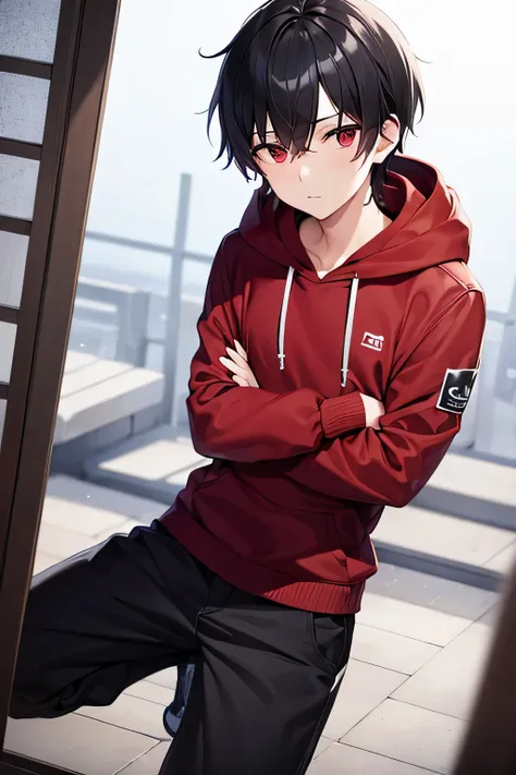 1boy, red eyes, short black hair, red hoodie with red arms half open, black pants, white shoes with red accents, standing pose with arms crossed
