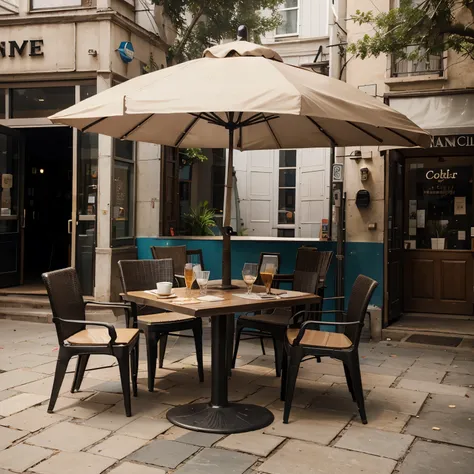 cafe and street table with an umbrella on a side support, The umbrella has a square dome. An umbrella protects the table from the sun and provides shade